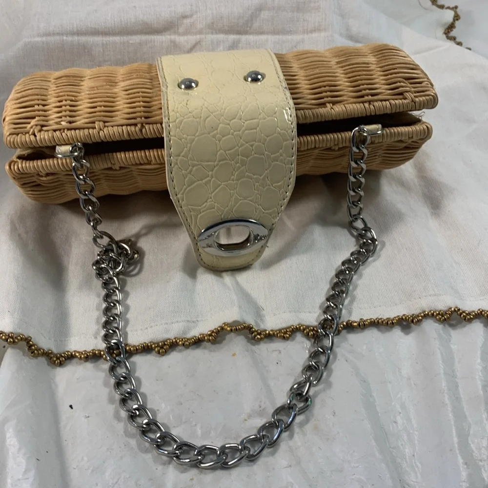 Women’s Beige and Cream Wicker and Reptile Print Patent Leather Chain Strap Bag